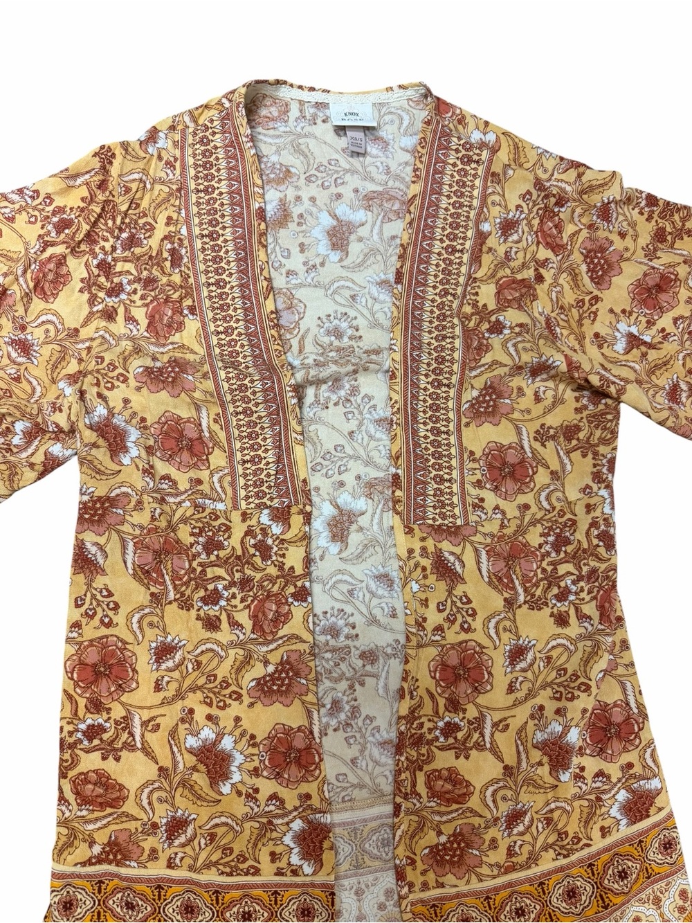 Knox Rose 70s Boho Floral Kimono Cardigan Mustard Duster Small - Picture 6 of 12